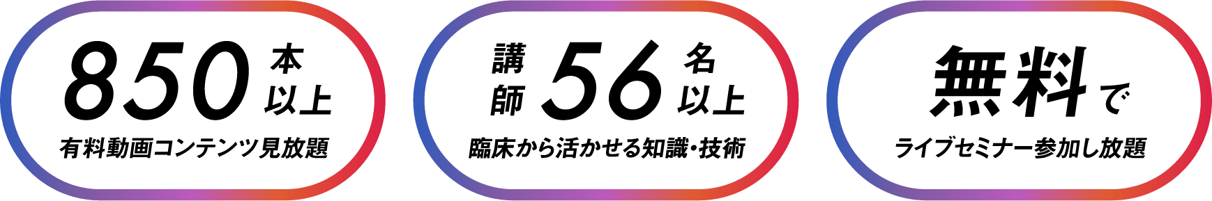 850本以上 有料動画コンテンツ見放題｜講師56名以上臨床から活かせる知識・技術｜無料でライブセミナー参加し放題